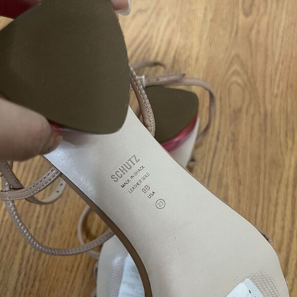 NWT SCHUTZ honey beige Taryn leather strappy pink block strappy heels size 9 - Picture 7 of 7